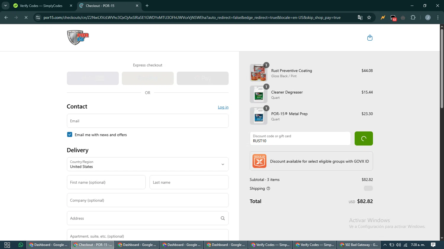 POR-15 discount code screenshot showing code RUST10 applied at POR-15 checkout page. Uploaded by SimplyCodes community member CashShopper1214 on May 11, 2025