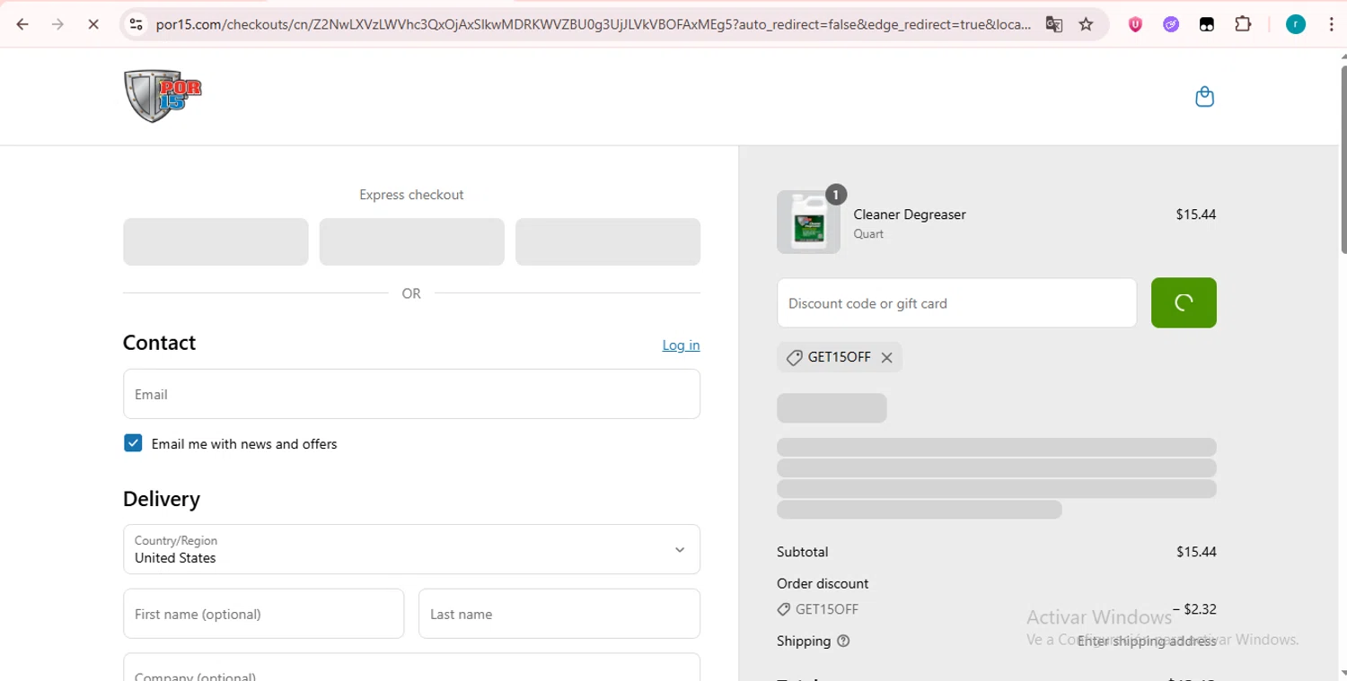 POR-15 discount code screenshot showing code GET15OFF applied at POR-15 checkout page. Uploaded by SimplyCodes community member LAZURDINHA on Jun 17, 2025