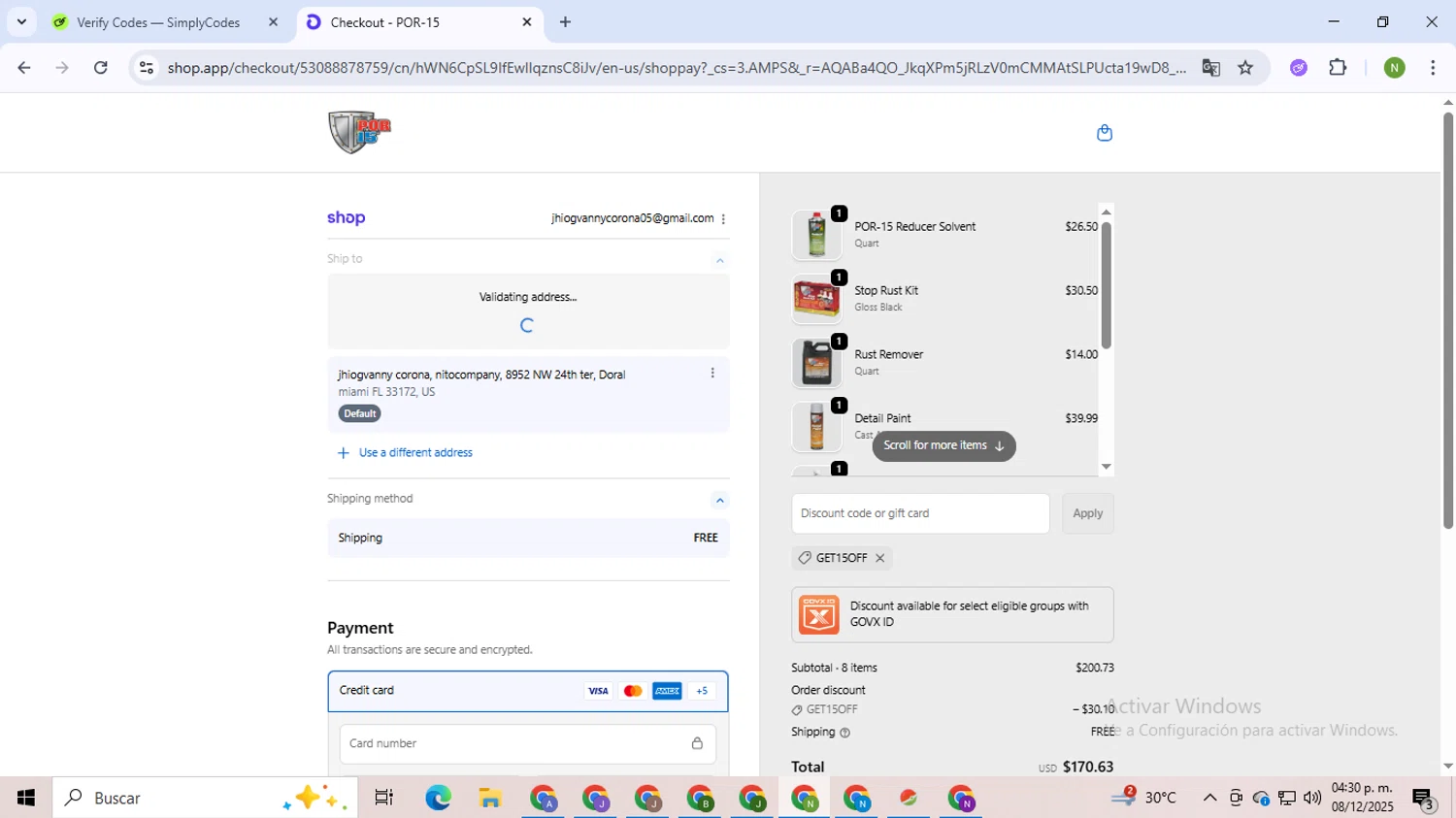 POR-15 discount code screenshot showing code GET15OFF applied at POR-15 checkout page. Uploaded by SimplyCodes community member TokenMaverick6956 on Dec 8, 2025