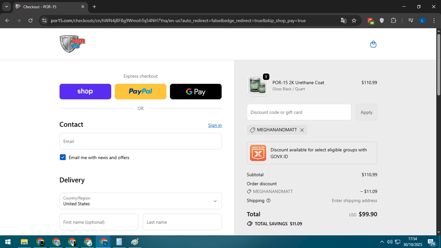 POR-15 discount code screenshot showing code MeghanAndMatt applied at POR-15 checkout page. Uploaded by SimplyCodes community member LegendaryLegend5536 on Oct 30, 2025