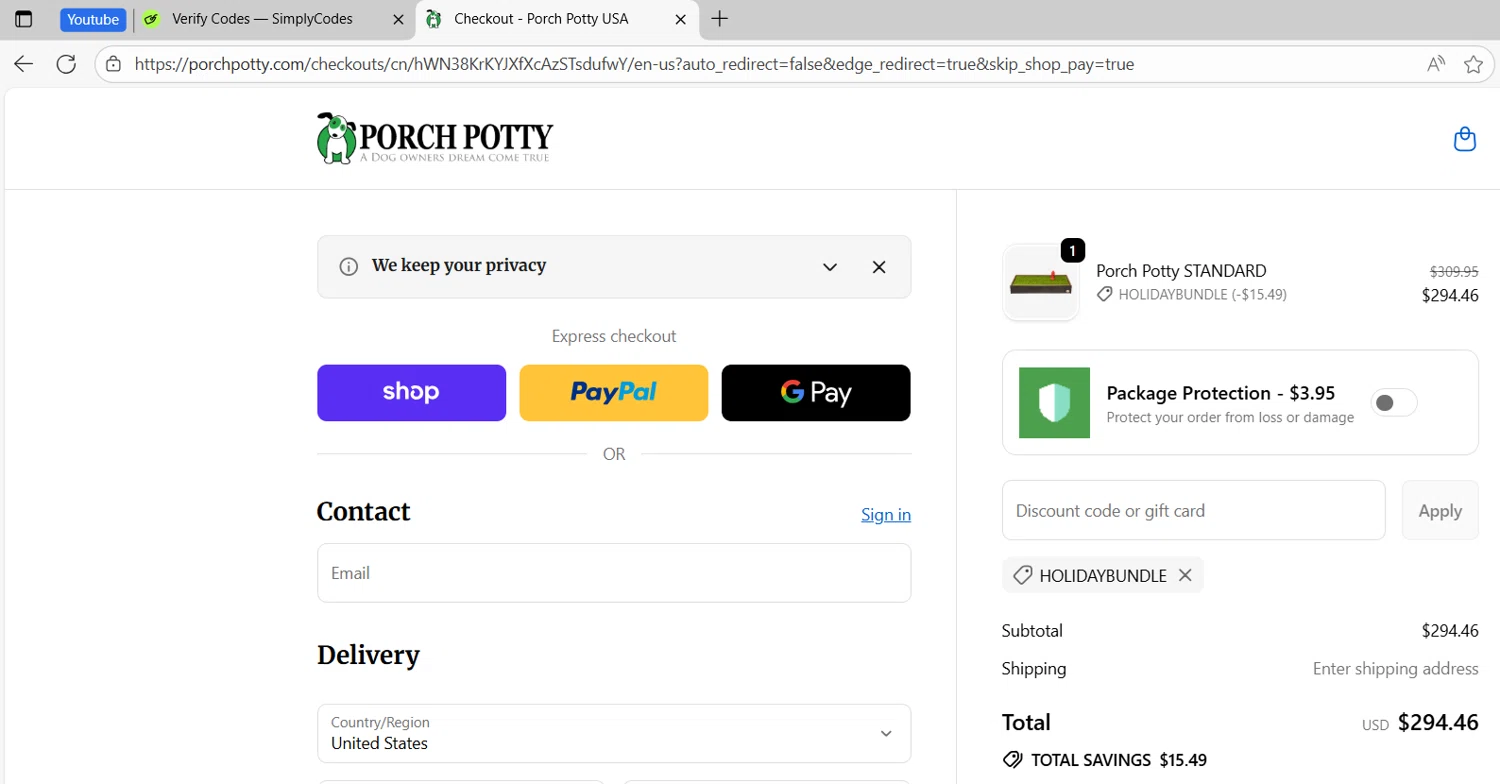 Porch Potty discount code screenshot showing code HOLIDAYBUNDLE applied at Porch Potty checkout page. Uploaded by SimplyCodes community member RoyalNavigator1011 on Sep 18, 2025