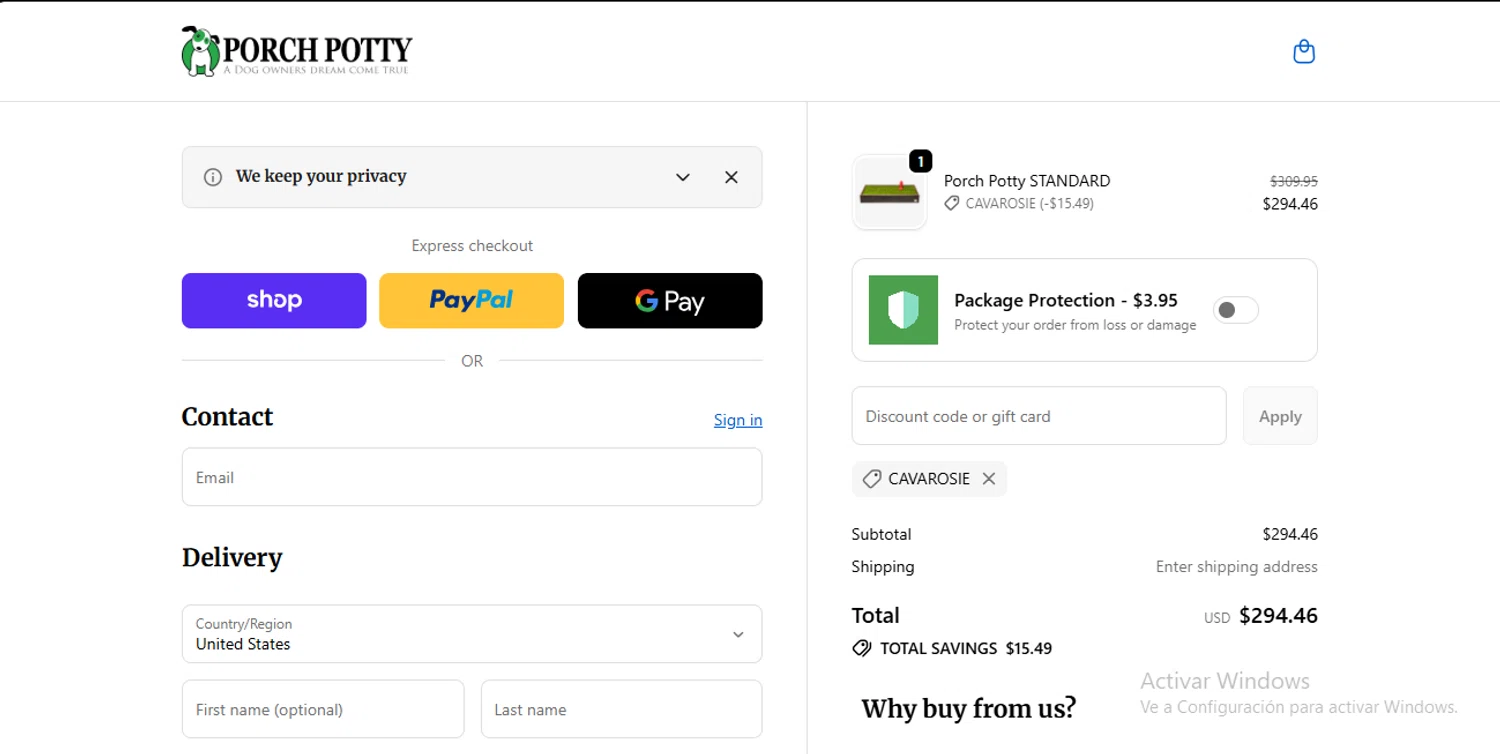 Porch Potty discount code screenshot showing code CAVAROSIE applied at Porch Potty checkout page. Uploaded by SimplyCodes community member GoldSeeker7901 on Oct 12, 2025