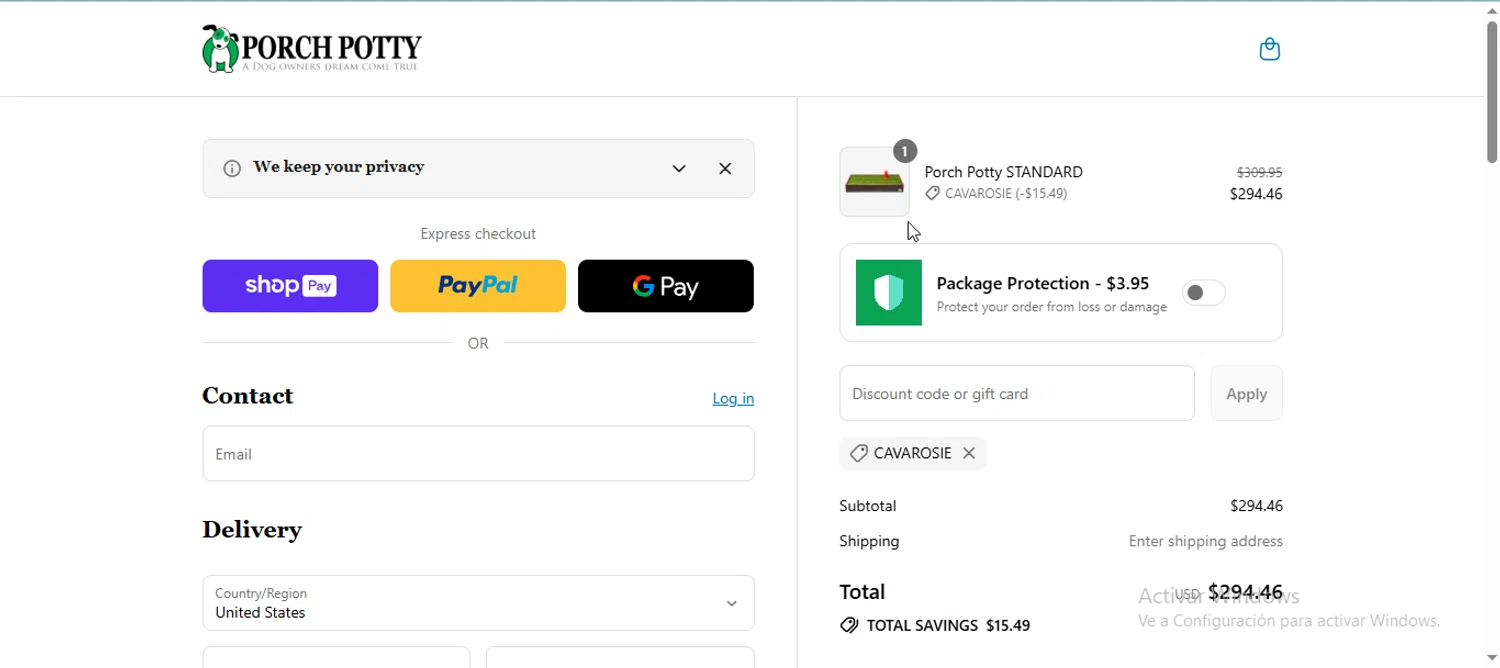 Porch Potty discount code screenshot showing code CAVAROSIE applied at Porch Potty checkout page. Uploaded by SimplyCodes community member RewardMonarch5847 on Jul 17, 2025
