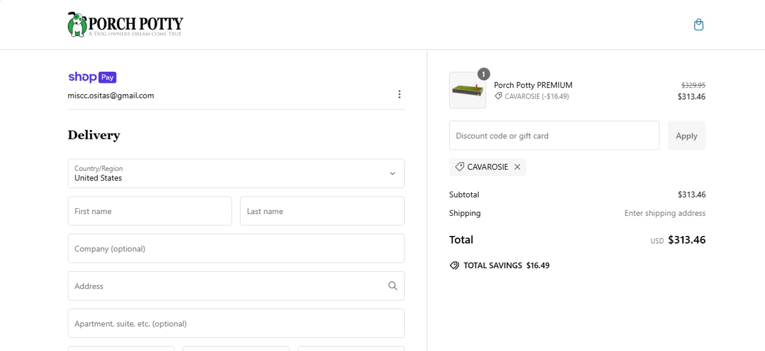 Porch Potty discount code screenshot showing code CAVAROSIE applied at Porch Potty checkout page. Uploaded by SimplyCodes community member negrita on Jan 8, 2025