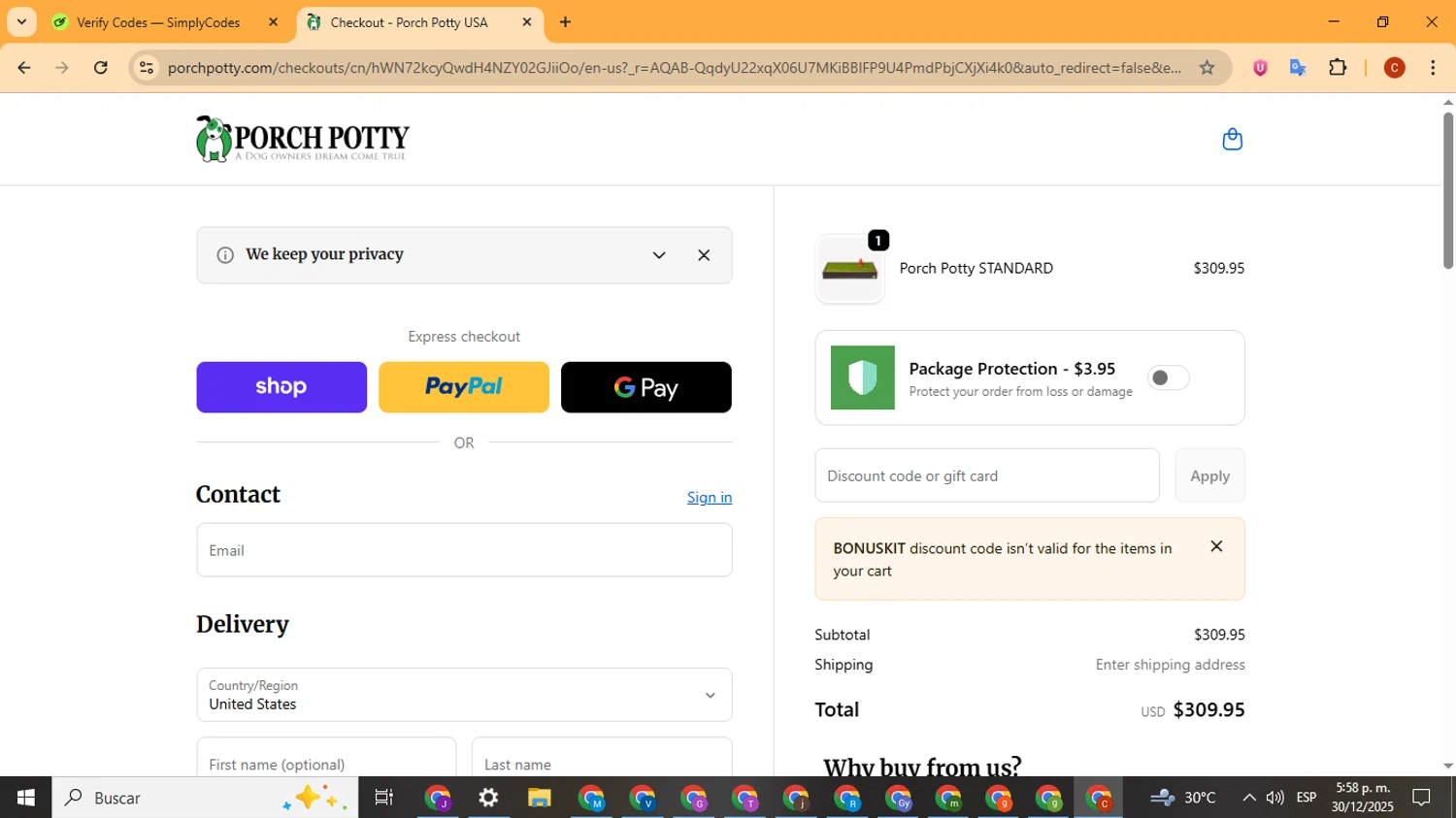 Porch Potty discount code screenshot showing code BONUSKIT applied at Porch Potty checkout page. Uploaded by SimplyCodes community member Playstatiton2 on Dec 30, 2025