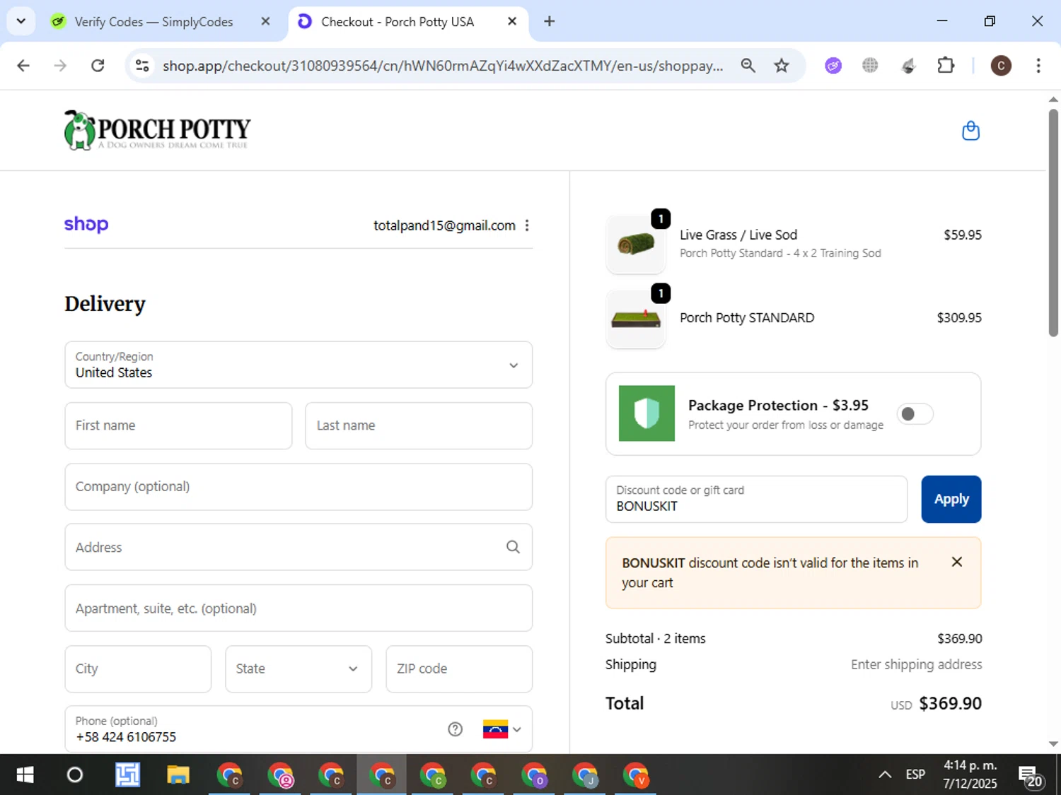 Porch Potty discount code screenshot showing code BONUSKIT applied at Porch Potty checkout page. Uploaded by SimplyCodes community member VictorL on Dec 7, 2025