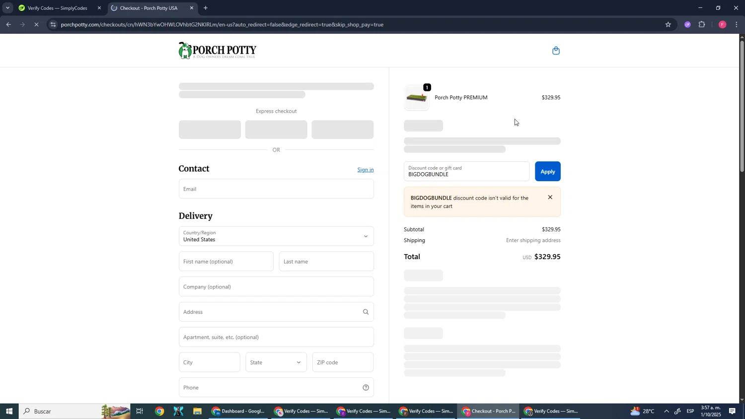 Porch Potty discount code screenshot showing code BIGDOGBUNDLE applied at Porch Potty checkout page. Uploaded by SimplyCodes community member CleverMonarch1744 on Oct 1, 2025