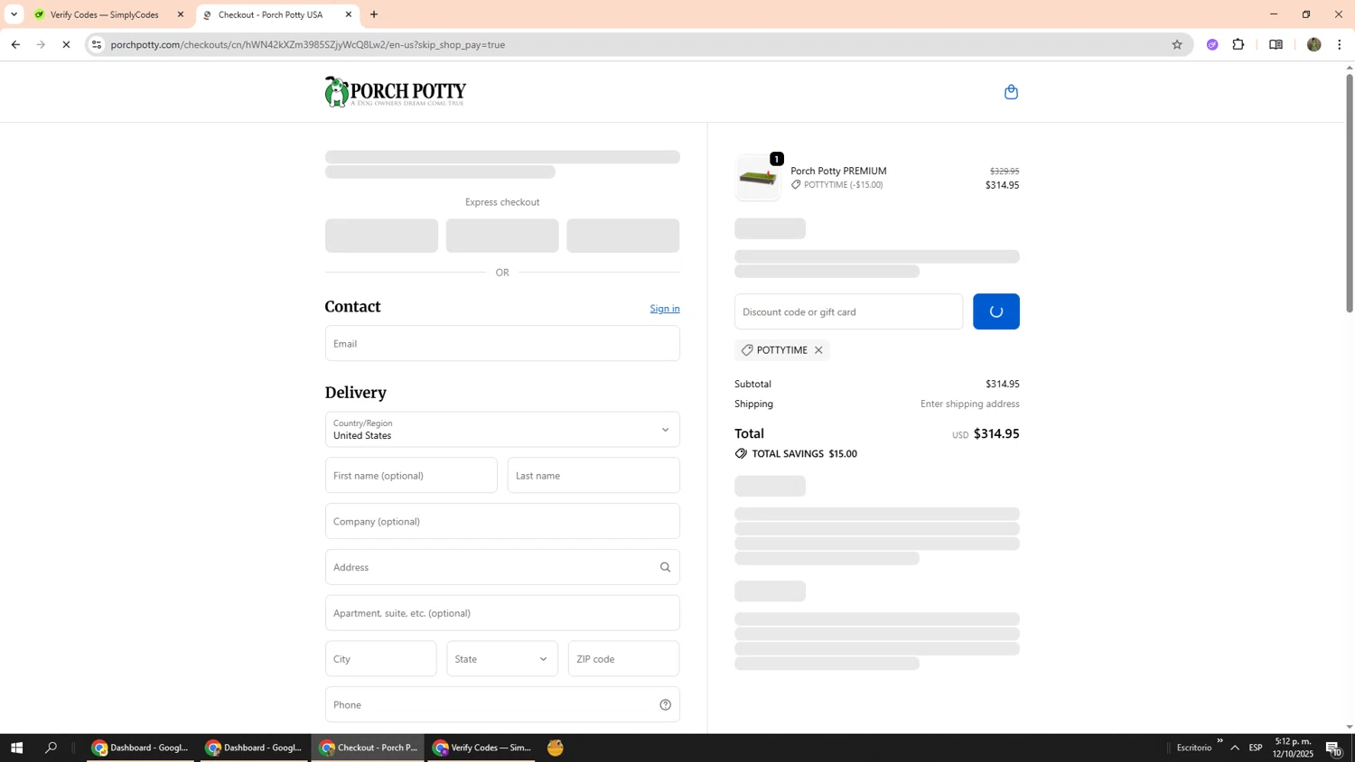 Porch Potty discount code screenshot showing code POTTYTIME applied at Porch Potty checkout page. Uploaded by SimplyCodes community member Phoenix585 on Oct 12, 2025