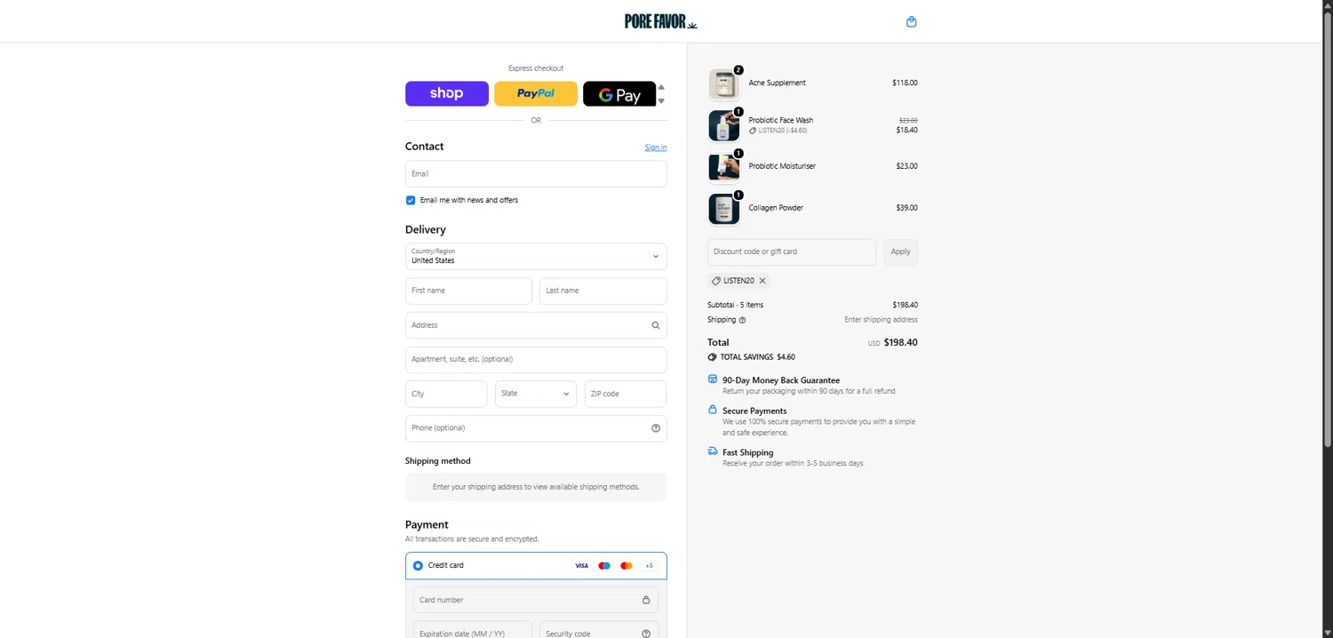 PORE FAVOR discount code screenshot showing code LISTEN20 applied at PORE FAVOR checkout page. Uploaded by SimplyCodes community member EpicLegend237 on Feb 18, 2026