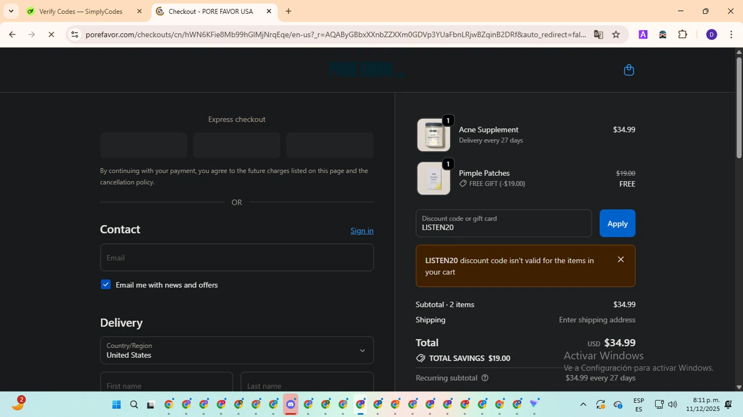 PORE FAVOR discount code screenshot showing code LISTEN20 applied at PORE FAVOR checkout page. Uploaded by SimplyCodes community member MagnificentFinder9583 on Dec 12, 2025