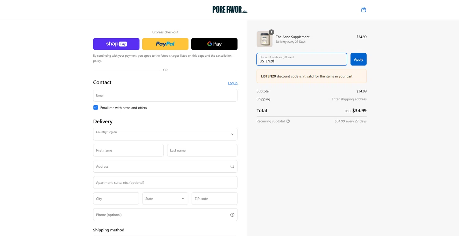 PORE FAVOR discount code screenshot showing code LISTEN20 applied at PORE FAVOR checkout page. Uploaded by SimplyCodes community member DealScout769 on Mar 27, 2025