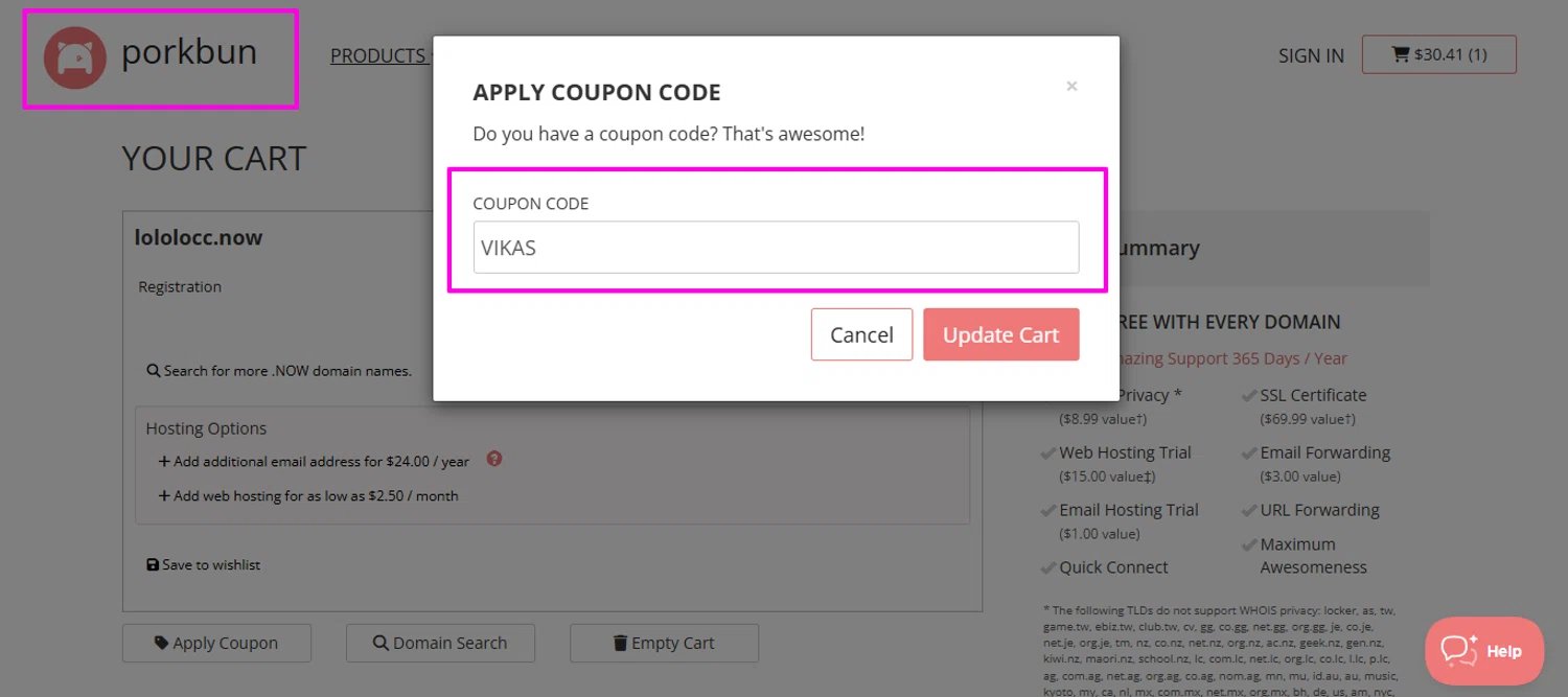 Porkbun promo code screenshot showing code VIKAS applied at Porkbun checkout page. Uploaded by SimplyCodes community member mrdarcy on Feb 1, 2026