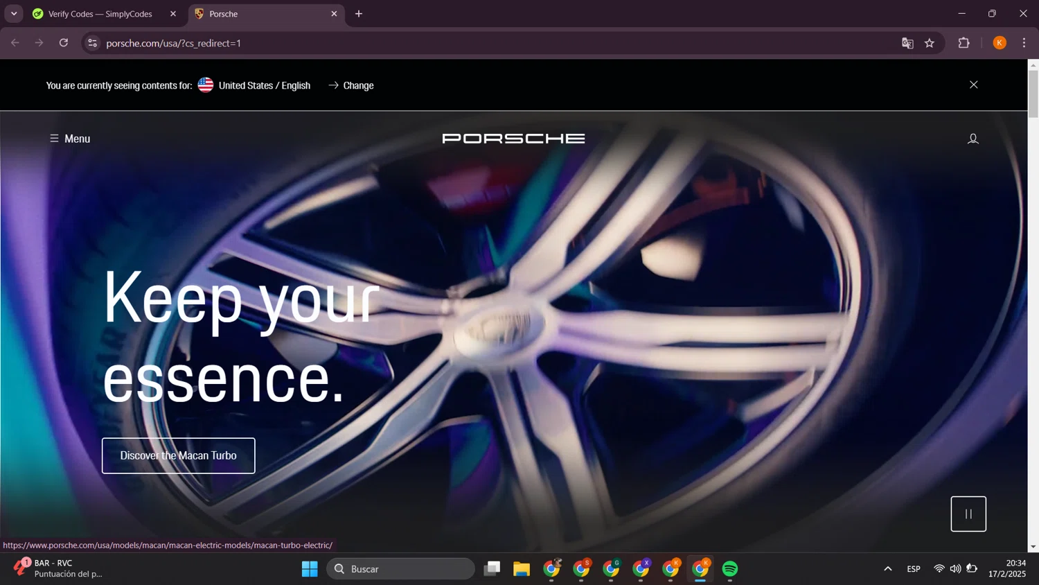 Porsche promo code screenshot showing code store18 applied at Porsche checkout page. Uploaded by SimplyCodes community member davidsalazar on Feb 18, 2025