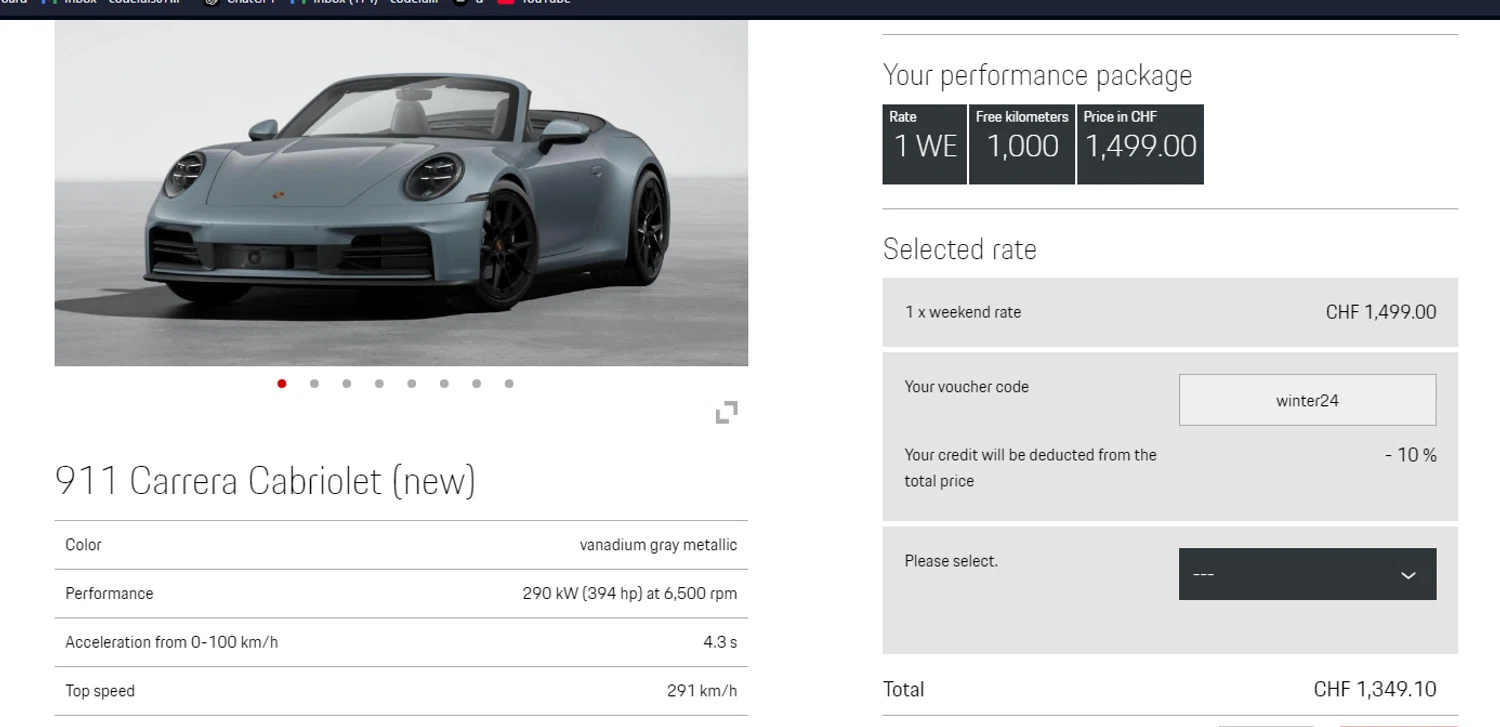 Porsche checkout page showing Porsche promo code box | Screenshot taken by SimplyCodes community member on Dec 1, 2024