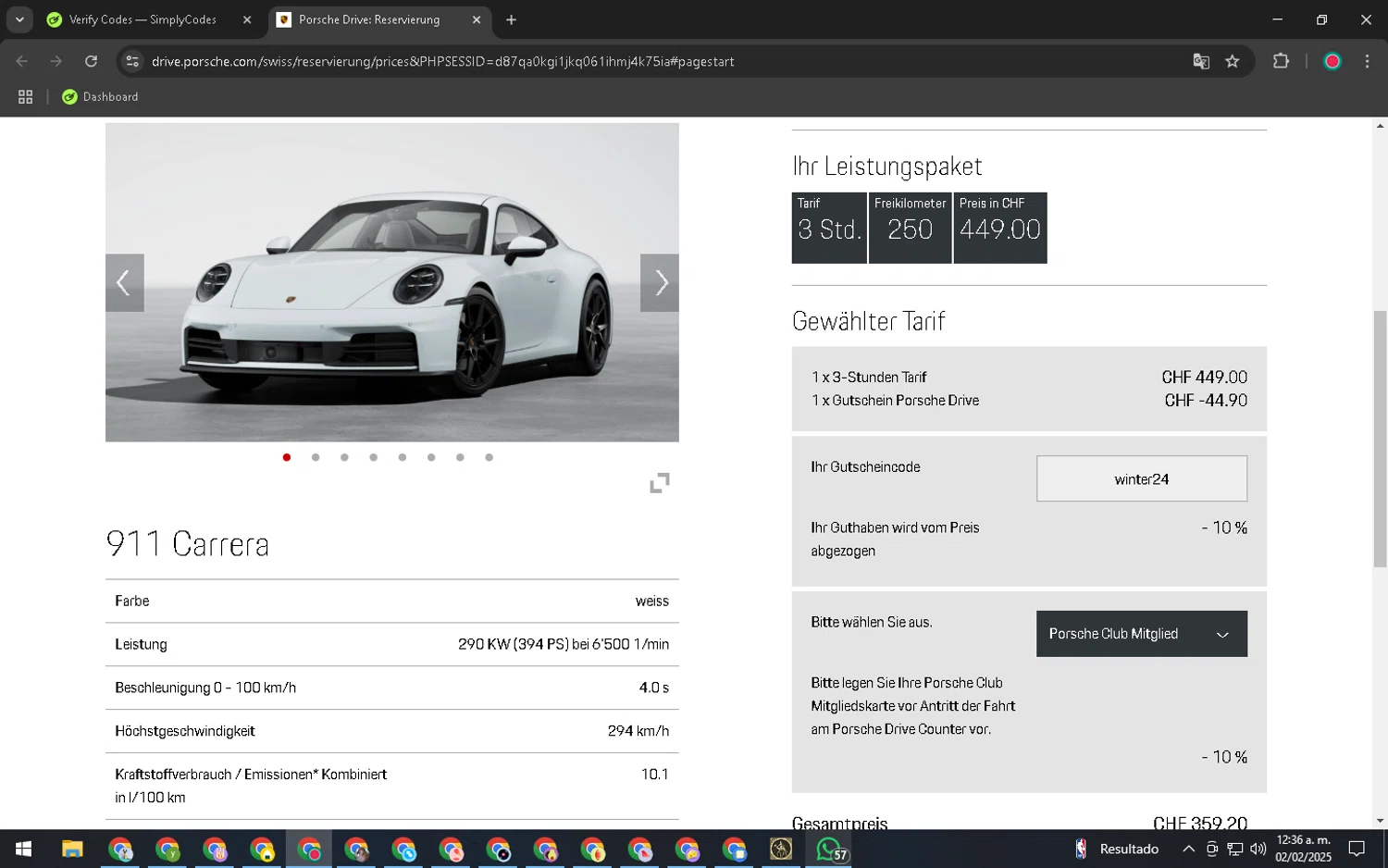 Porsche promo code screenshot showing code winter24 applied at Porsche checkout page. Uploaded by SimplyCodes community member GoldSentinel6680 on Feb 2, 2025