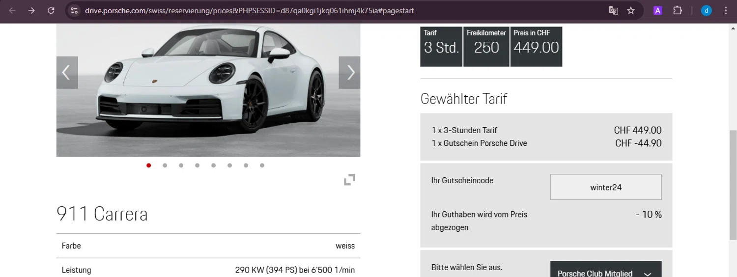 Porsche promo code screenshot showing code winter24 applied at Porsche checkout page. Uploaded by SimplyCodes community member ShieldKnight4744 on Feb 2, 2025