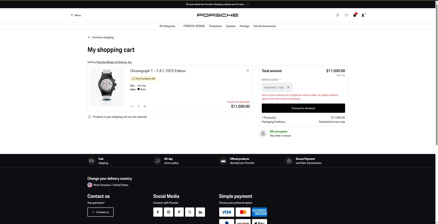 Porsche Design checkout page showing Porsche Design promo code box | Screenshot taken by SimplyCodes community member on Mar 11, 2025