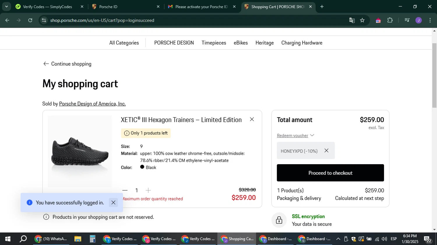 Porsche Design checkout page showing Porsche Design promo code box | Screenshot taken by SimplyCodes community member on Jan 30, 2025