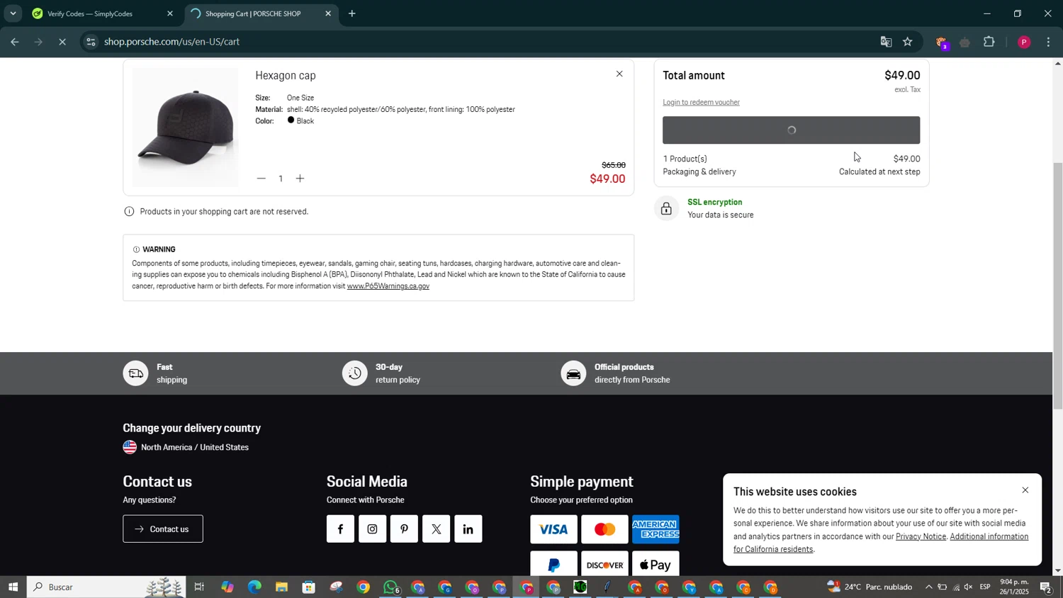 Porsche Design promo code screenshot showing code WELCOMEBACK15 applied at Porsche Design checkout page. Uploaded by SimplyCodes community member CodeTitan3049 on Jan 27, 2025