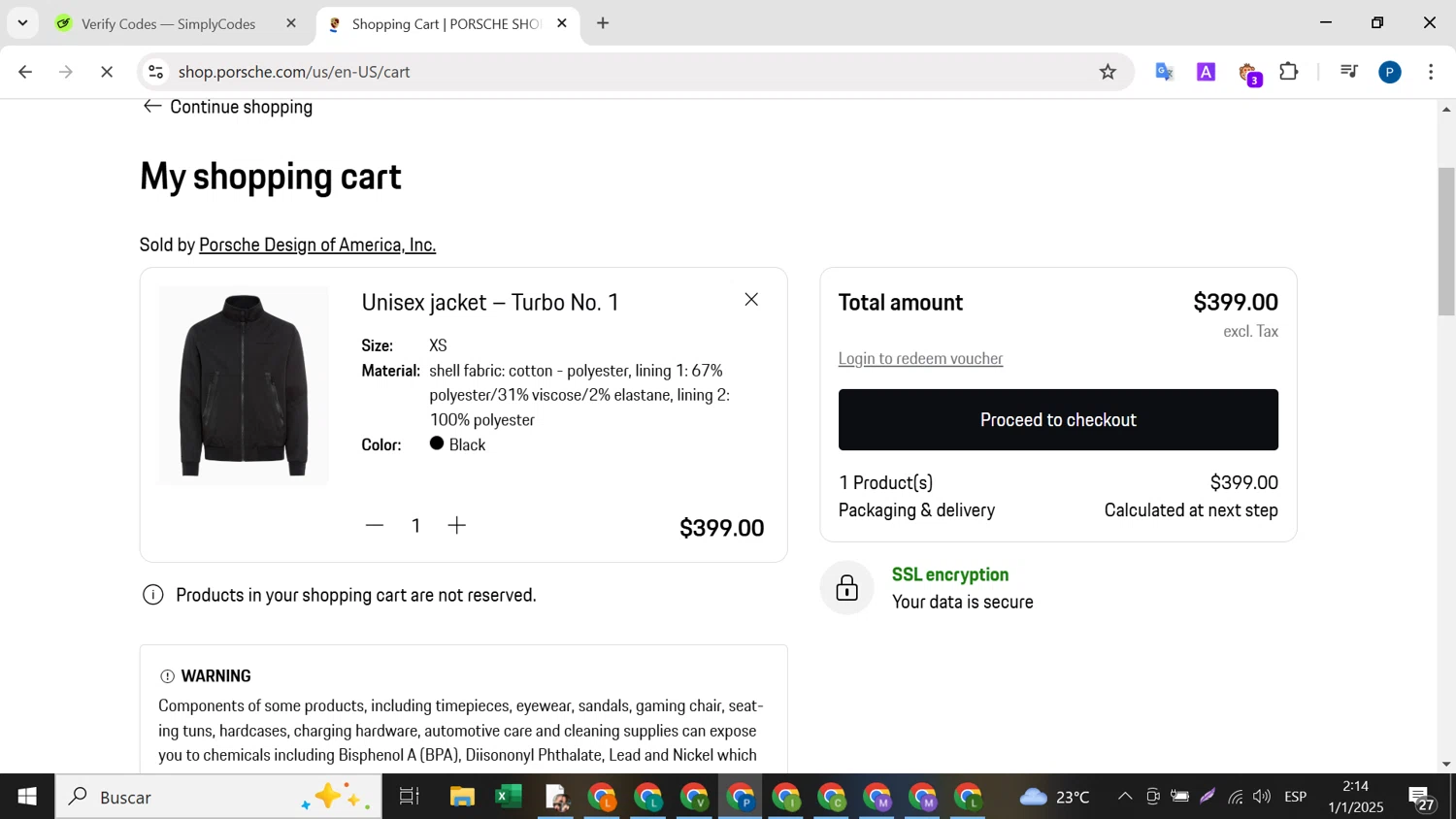 Porsche Design checkout page showing Porsche Design promo code box | Screenshot taken by SimplyCodes community member on Jan 1, 2025