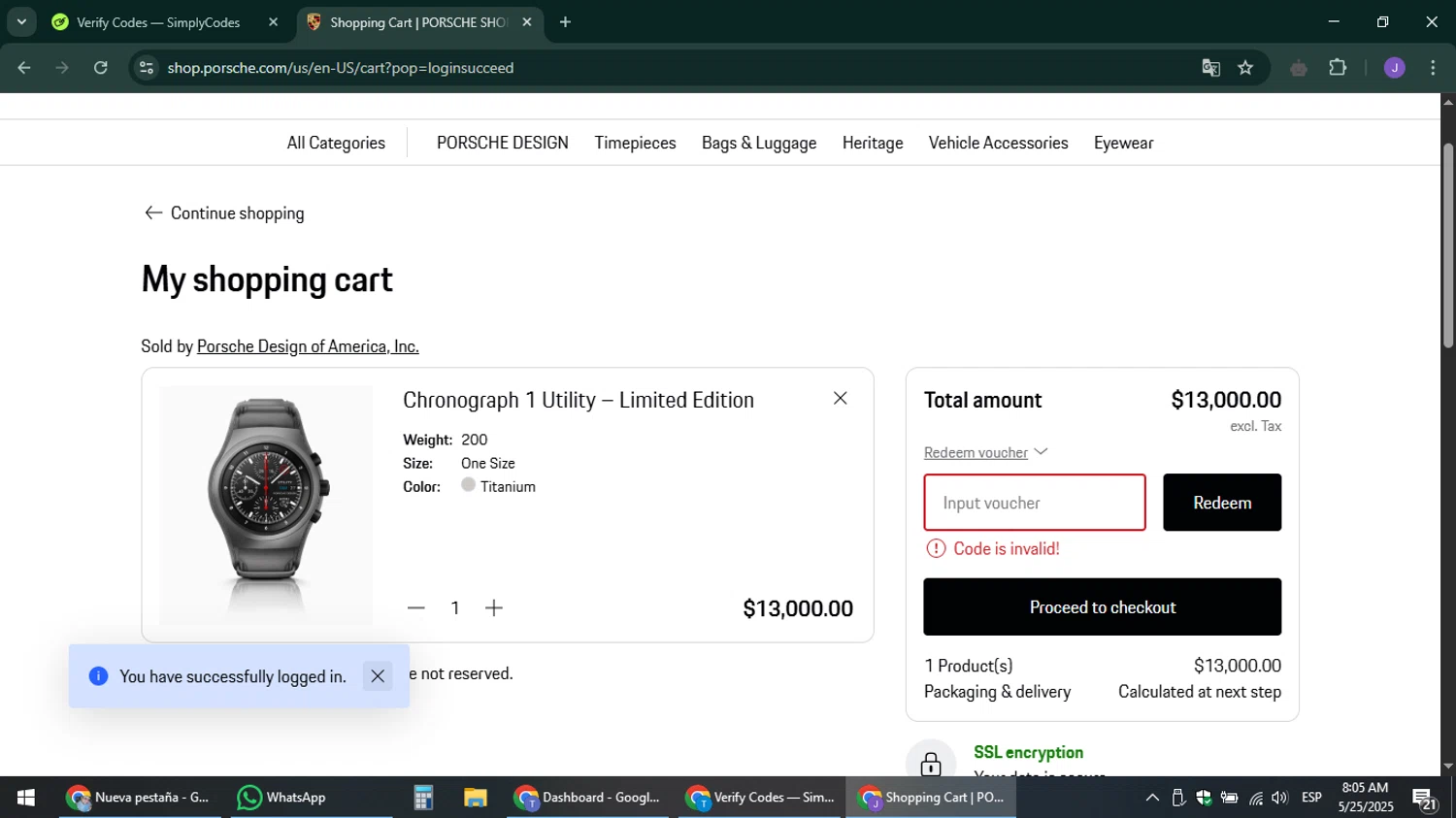 Porsche Design promo code screenshot showing code friends2025 applied at Porsche Design checkout page. Uploaded by SimplyCodes community member sniderjack453 on May 25, 2025