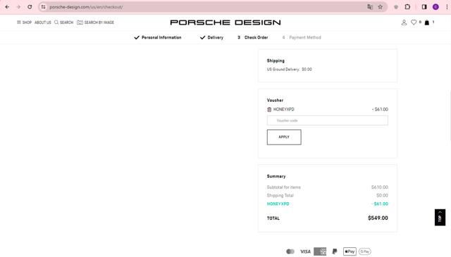 Porsche Design US checkout page showing Porsche Design US promo code box | Screenshot taken by SimplyCodes community member on Mar 13, 2024