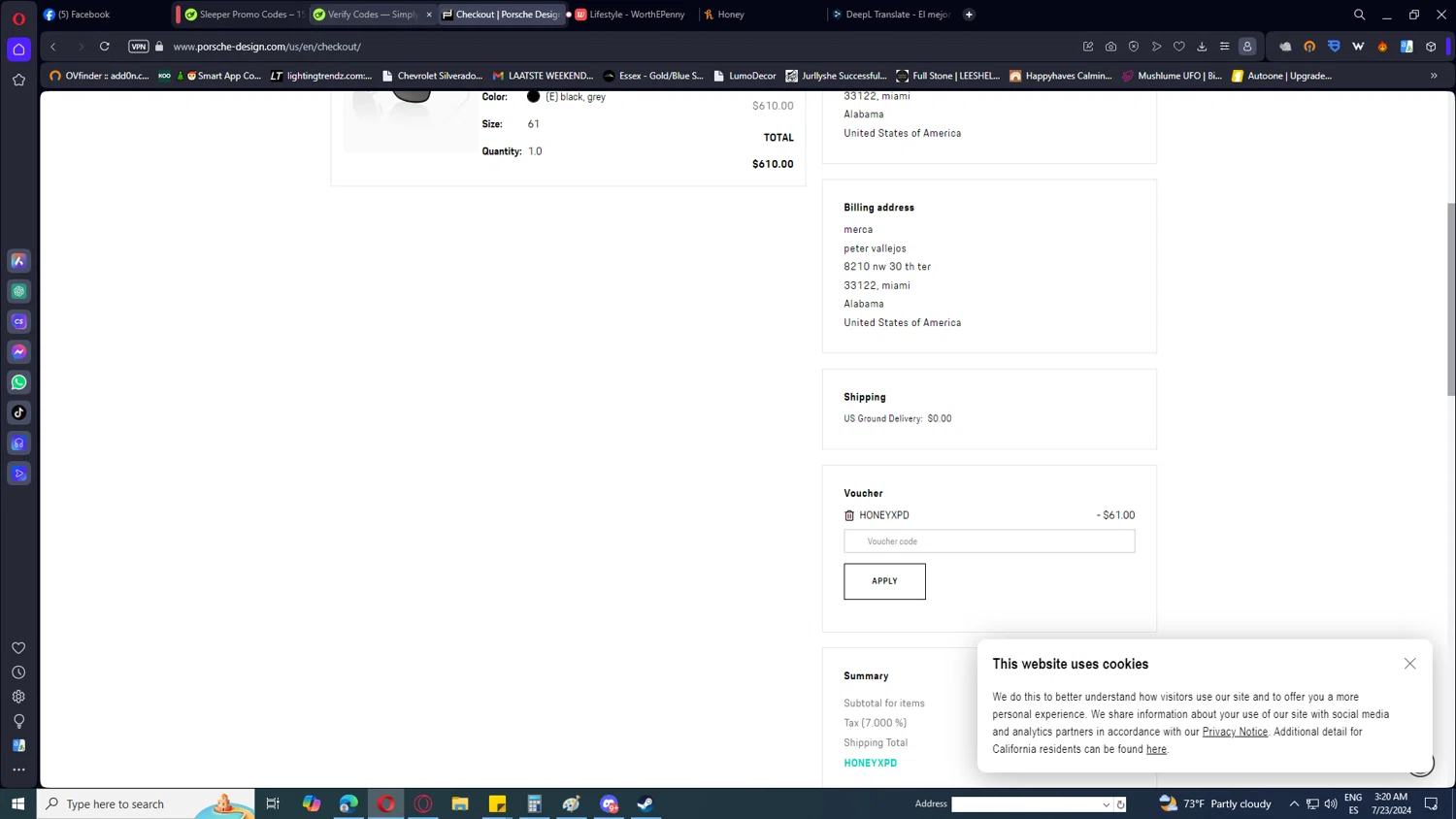 Porsche Design US checkout page showing Porsche Design US promo code box | Screenshot taken by SimplyCodes community member on Jul 23, 2024