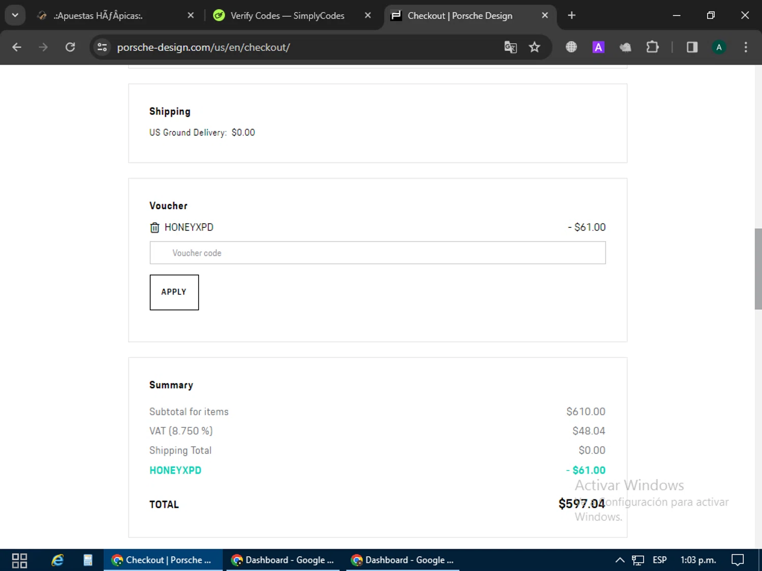 Porsche Design US checkout page showing Porsche Design US promo code box | Screenshot taken by SimplyCodes community member on Apr 8, 2024