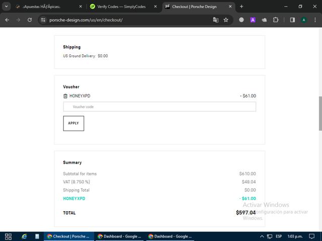 Porsche Design US checkout page showing Porsche Design US promo code box | Screenshot taken by SimplyCodes community member on Apr 8, 2024