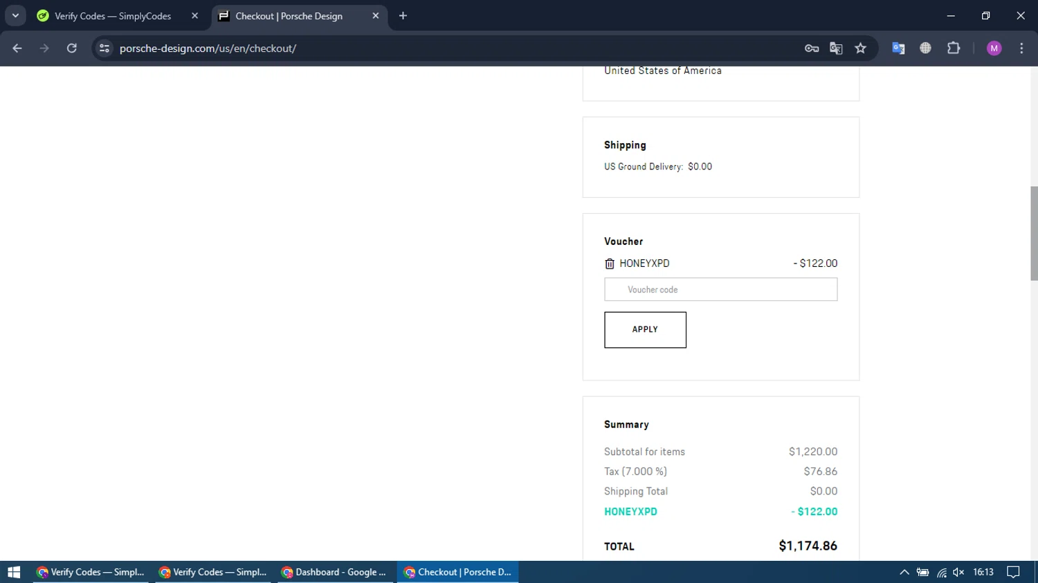 Porsche Design US checkout page showing Porsche Design US promo code box | Screenshot taken by SimplyCodes community member on Jun 10, 2024