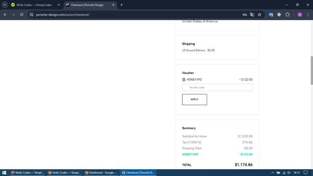 Porsche Design US checkout page showing Porsche Design US promo code box | Screenshot taken by SimplyCodes community member on Jun 10, 2024