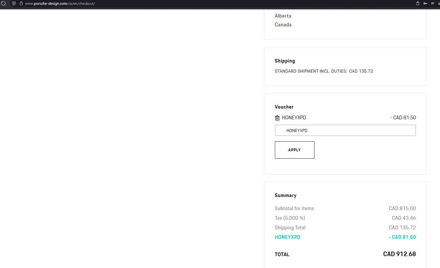 Porsche Design US checkout page showing Porsche Design US promo code box | Screenshot taken by SimplyCodes community member on Mar 12, 2025