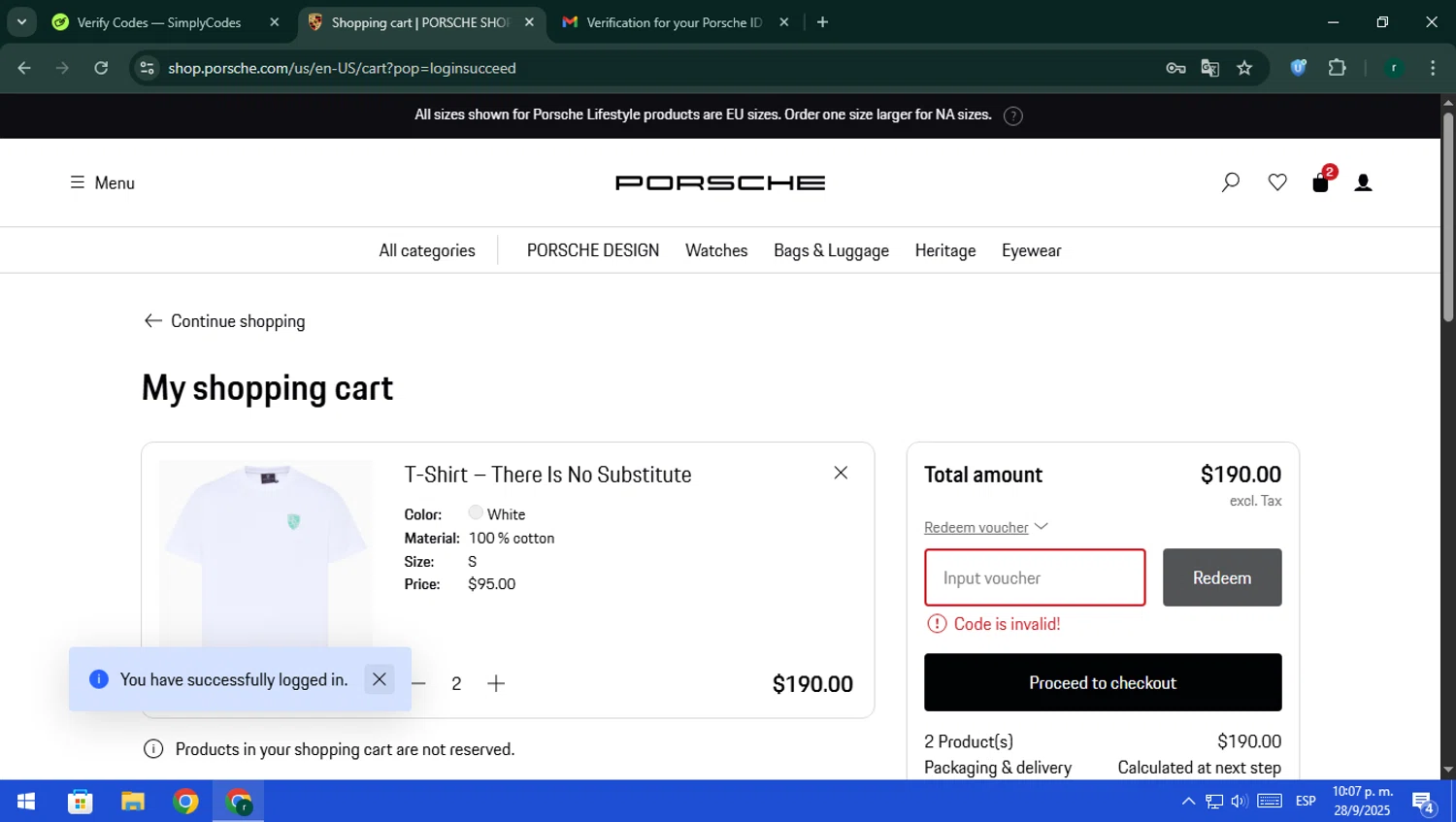 Porsche Design US promo code screenshot showing code HONEYXPD applied at Porsche Design US checkout page. Uploaded by SimplyCodes community member rodri1 on Sep 29, 2025