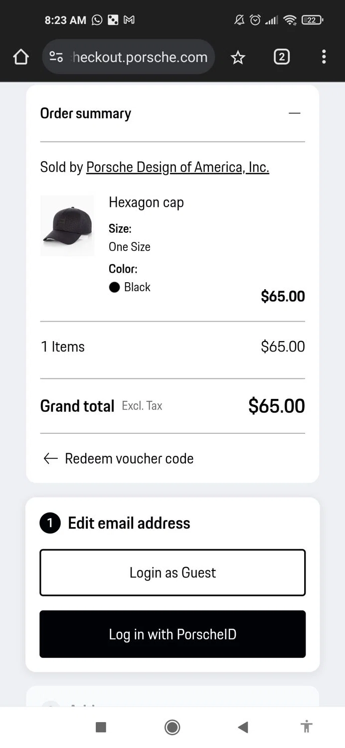 Porsche Design US checkout page showing Porsche Design US promo code box | Screenshot taken by SimplyCodes community member on Dec 8, 2024