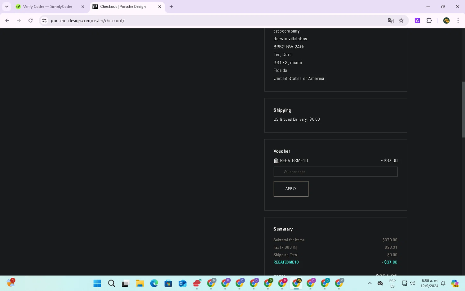 Porsche Design US checkout page showing Porsche Design US promo code box | Screenshot taken by SimplyCodes community member on Sep 12, 2024