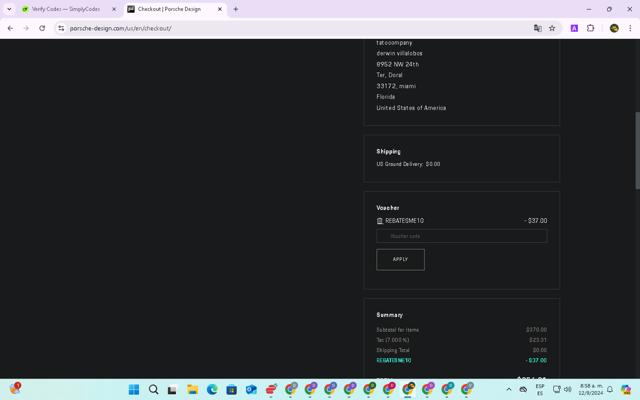 Porsche Design US checkout page showing Porsche Design US promo code box | Screenshot taken by SimplyCodes community member on Sep 12, 2024