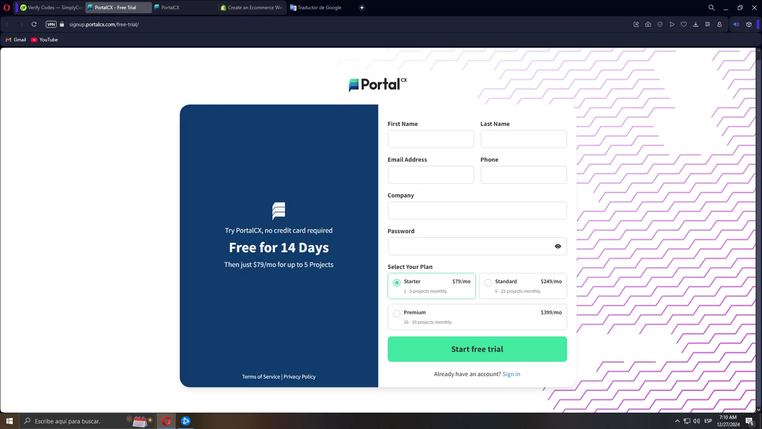 PortalCX promo code screenshot showing code andrelv26842 applied at PortalCX checkout page. Uploaded by SimplyCodes community member Tonikr8 on Dec 27, 2024