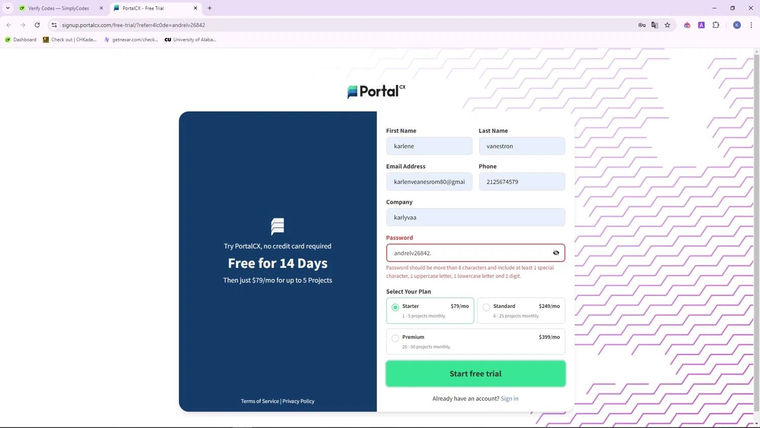 PortalCX checkout page showing PortalCX promo code box | Screenshot taken by SimplyCodes community member on Aug 1, 2024