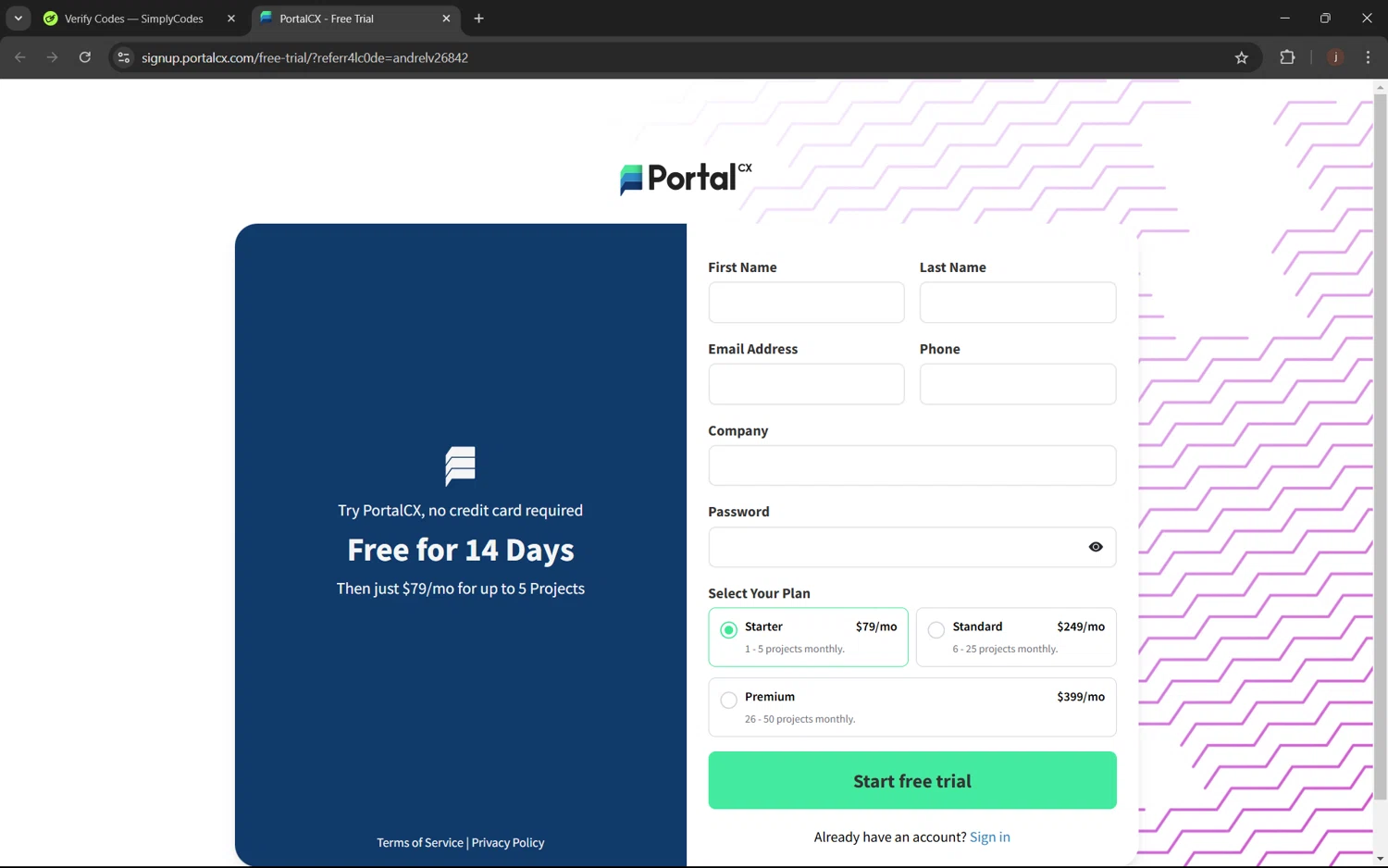 PortalCX checkout page showing PortalCX promo code box | Screenshot taken by SimplyCodes community member on Nov 28, 2024