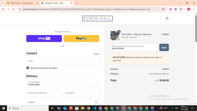 Porte + Hall checkout page showing Porte + Hall discount code box | Screenshot taken by SimplyCodes community member on Jul 27, 2025