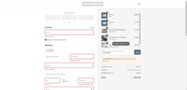 Porte + Hall checkout page showing Porte + Hall discount code box | Screenshot taken by SimplyCodes community member on Jul 27, 2025