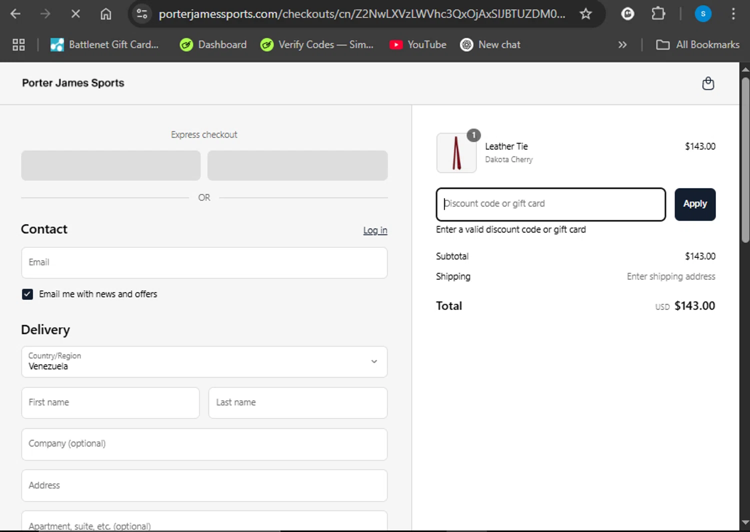 Porter James Sports discount code screenshot showing code FINAL10 applied at Porter James Sports checkout page. Uploaded by SimplyCodes community member Giyuuu on Apr 8, 2025