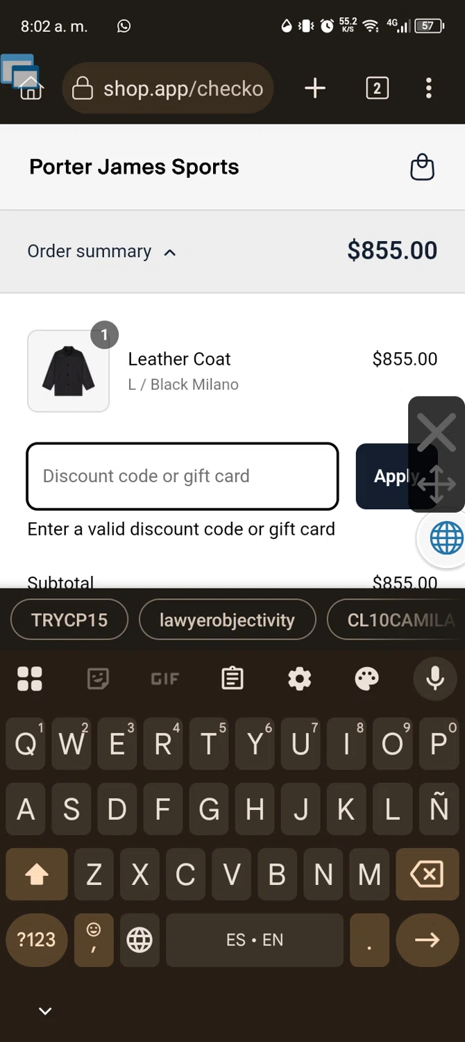 Porter James Sports discount code screenshot showing code FINAL10 applied at Porter James Sports checkout page. Uploaded by SimplyCodes community member Usuario_simply on Apr 8, 2025