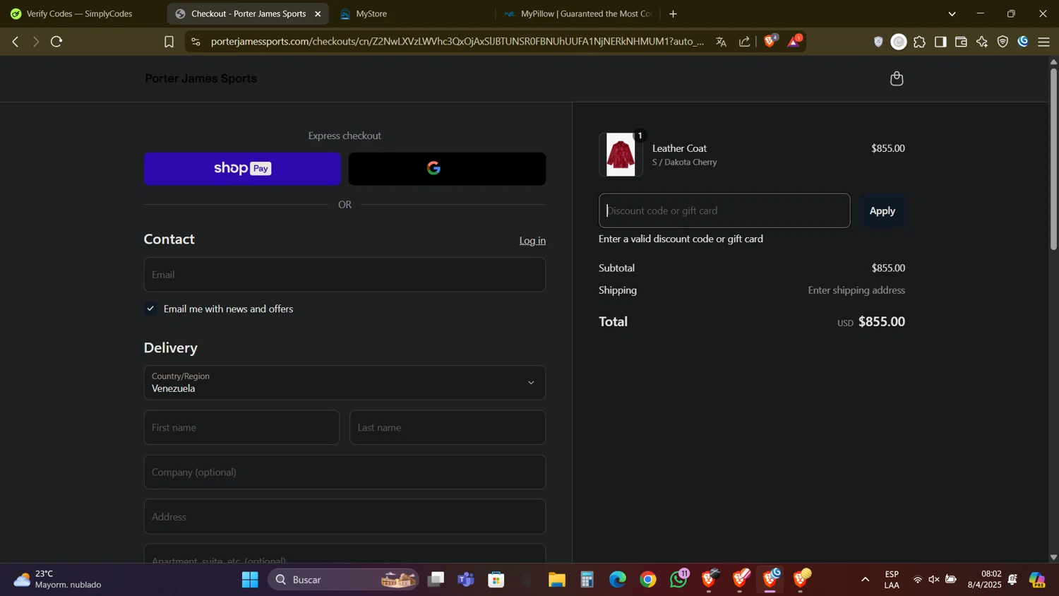 Porter James Sports discount code screenshot showing code FINAL10 applied at Porter James Sports checkout page. Uploaded by SimplyCodes community member DealAdmiral5466 on Apr 8, 2025