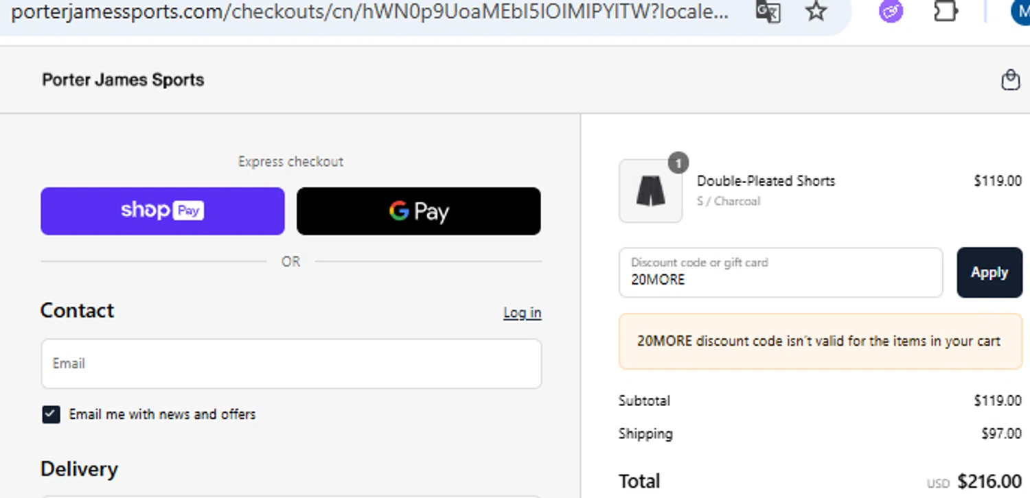 Porter James Sports checkout page showing Porter James Sports discount code box | Screenshot taken by SimplyCodes community member on Jul 20, 2025