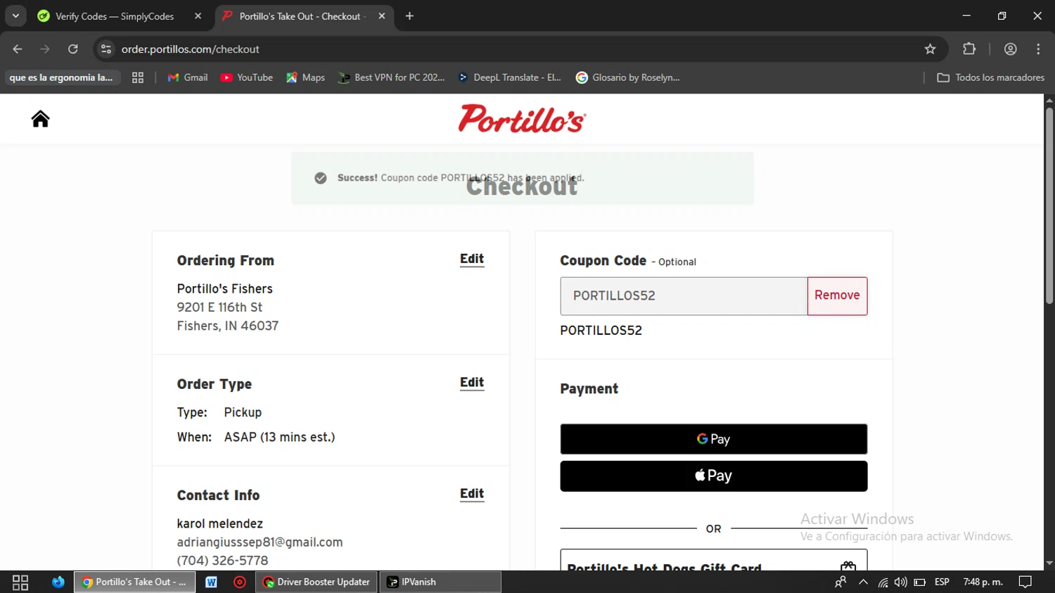 Portillo's promo code screenshot showing code PORTILLOS52 applied at Portillo's checkout page. Uploaded by SimplyCodes community member SaleSentinel7319 on Dec 28, 2025