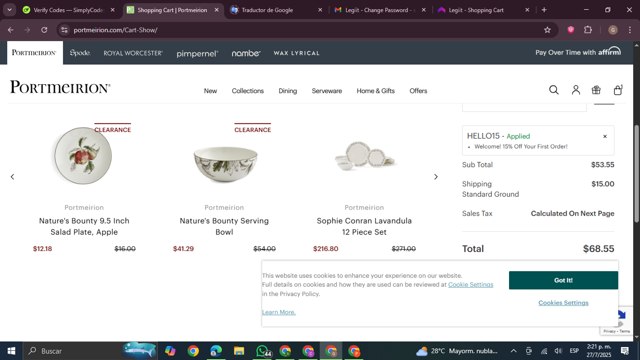 Portmeirion checkout page showing Portmeirion promo code box | Screenshot taken by SimplyCodes community member on Jul 27, 2025