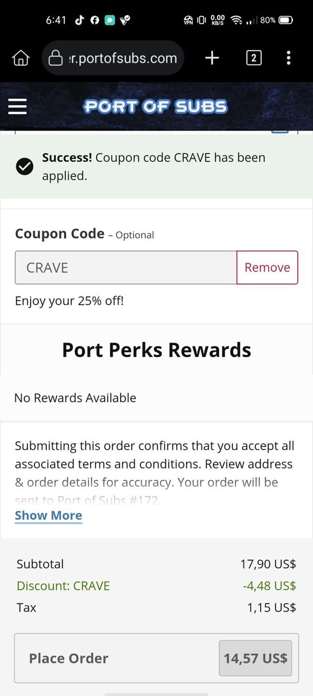 Port of Subs checkout page showing Port of Subs promo code box | Screenshot taken by SimplyCodes community member on May 8, 2025