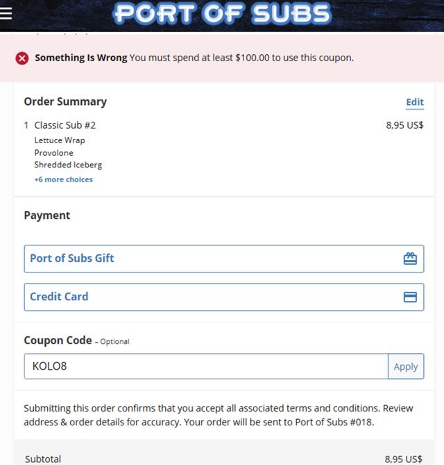 Port of Subs checkout page showing Port of Subs promo code box | Screenshot taken by SimplyCodes community member on Mar 15, 2025