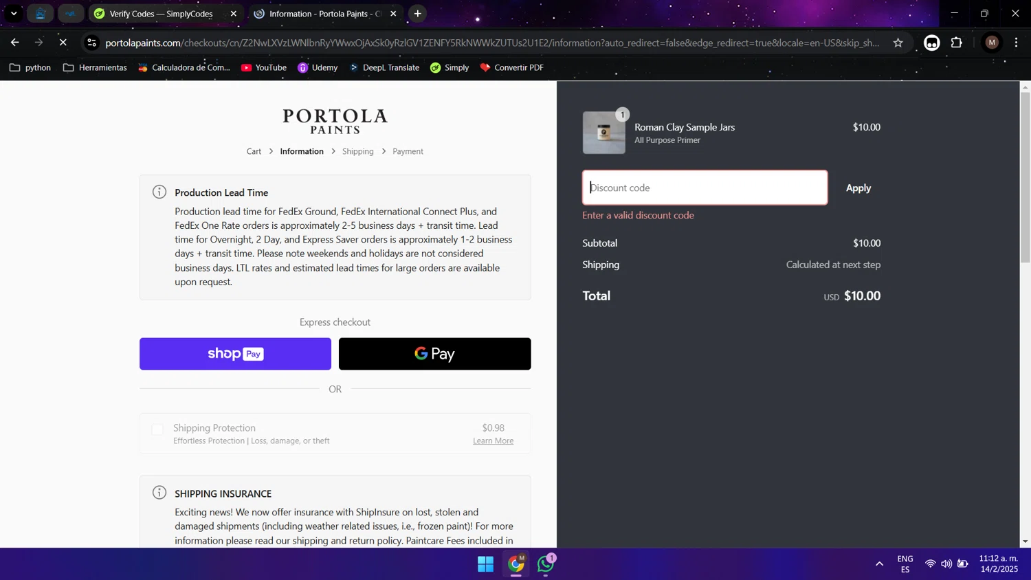 Portola Paints discount code screenshot showing code NEWCOLOR2024 applied at Portola Paints checkout page. Uploaded by SimplyCodes community member Maocar on Feb 14, 2025